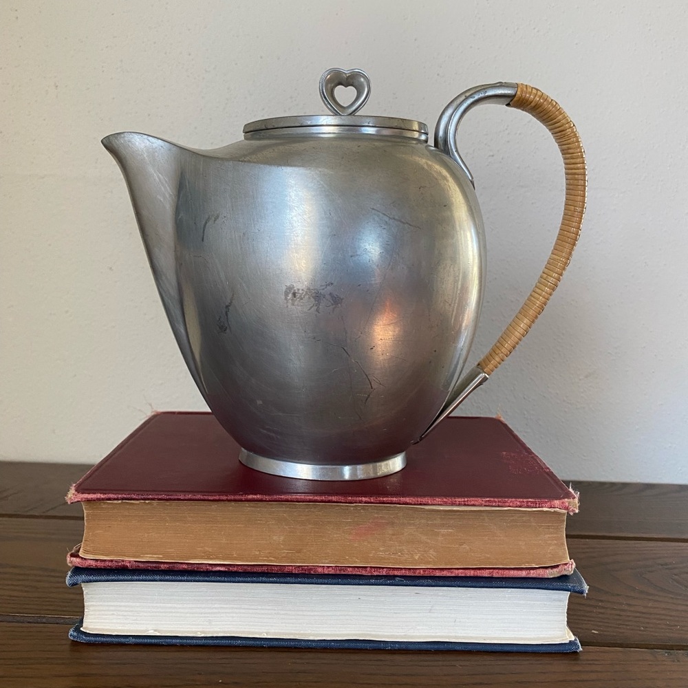 Just Andersen Denmark pewter 2272 heart art deco pitcher wicker handle